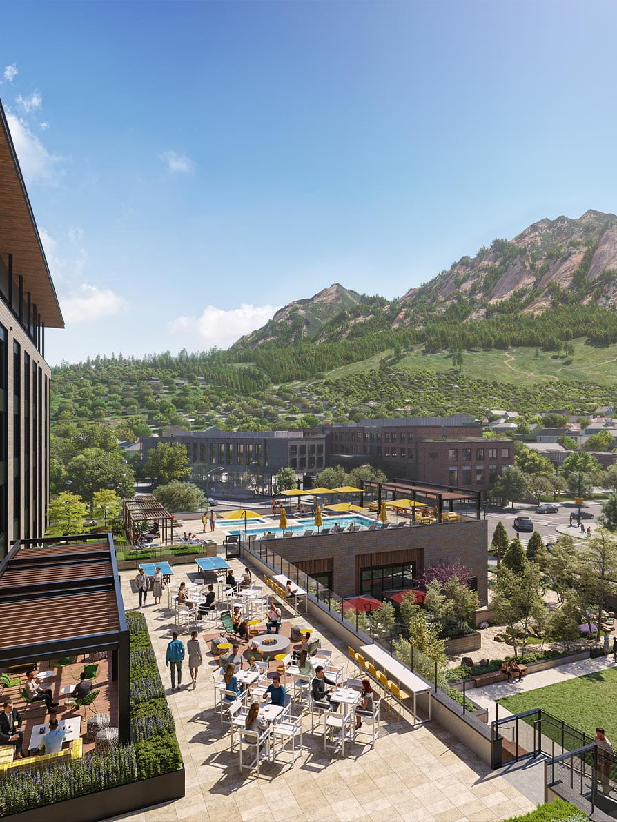 Rendering of Limelight Boulder showing outdoor space amongst the Flatirons.