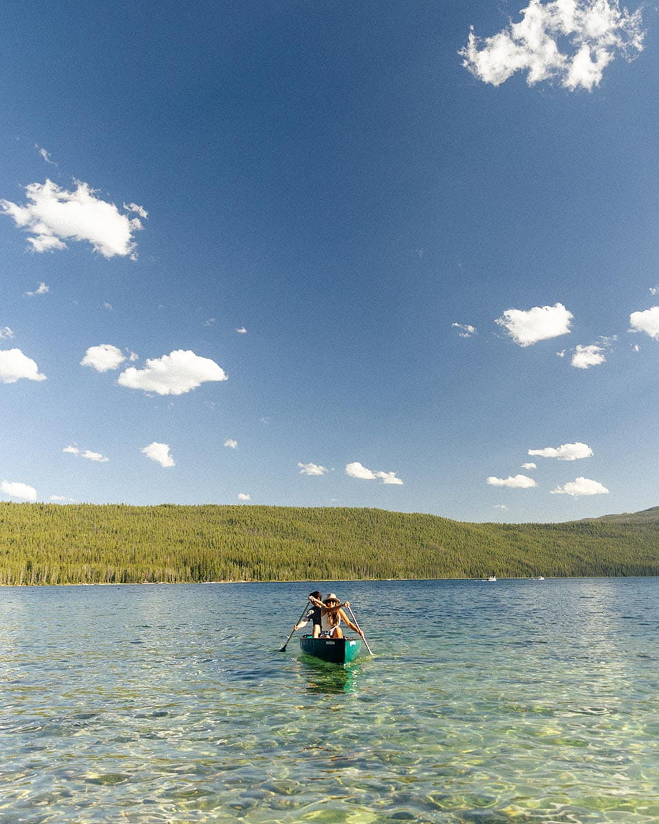 Couple canoeing on lake