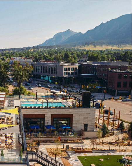 exterior of limelight boulder overlooking flatirons