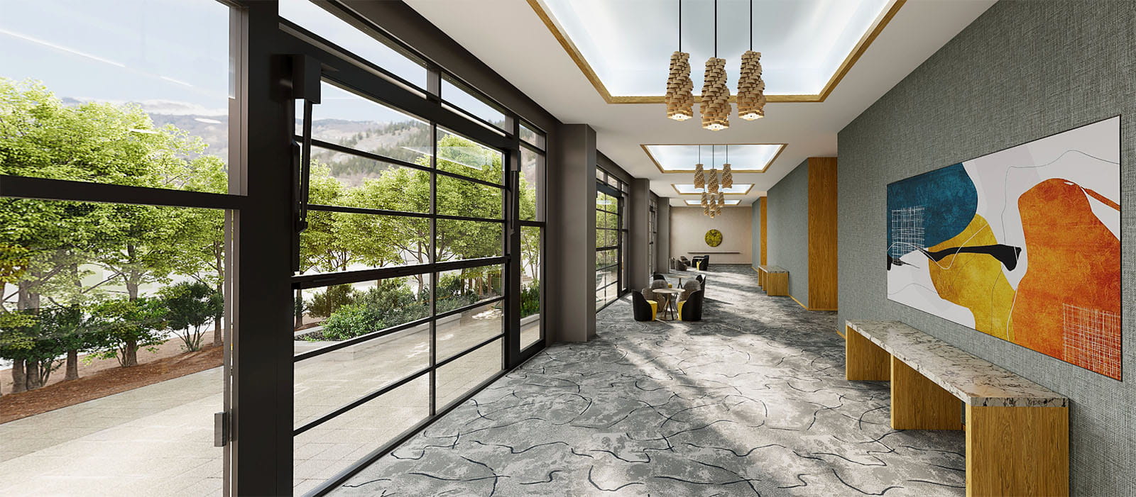 Ballroom event space foyer with view of flatirons