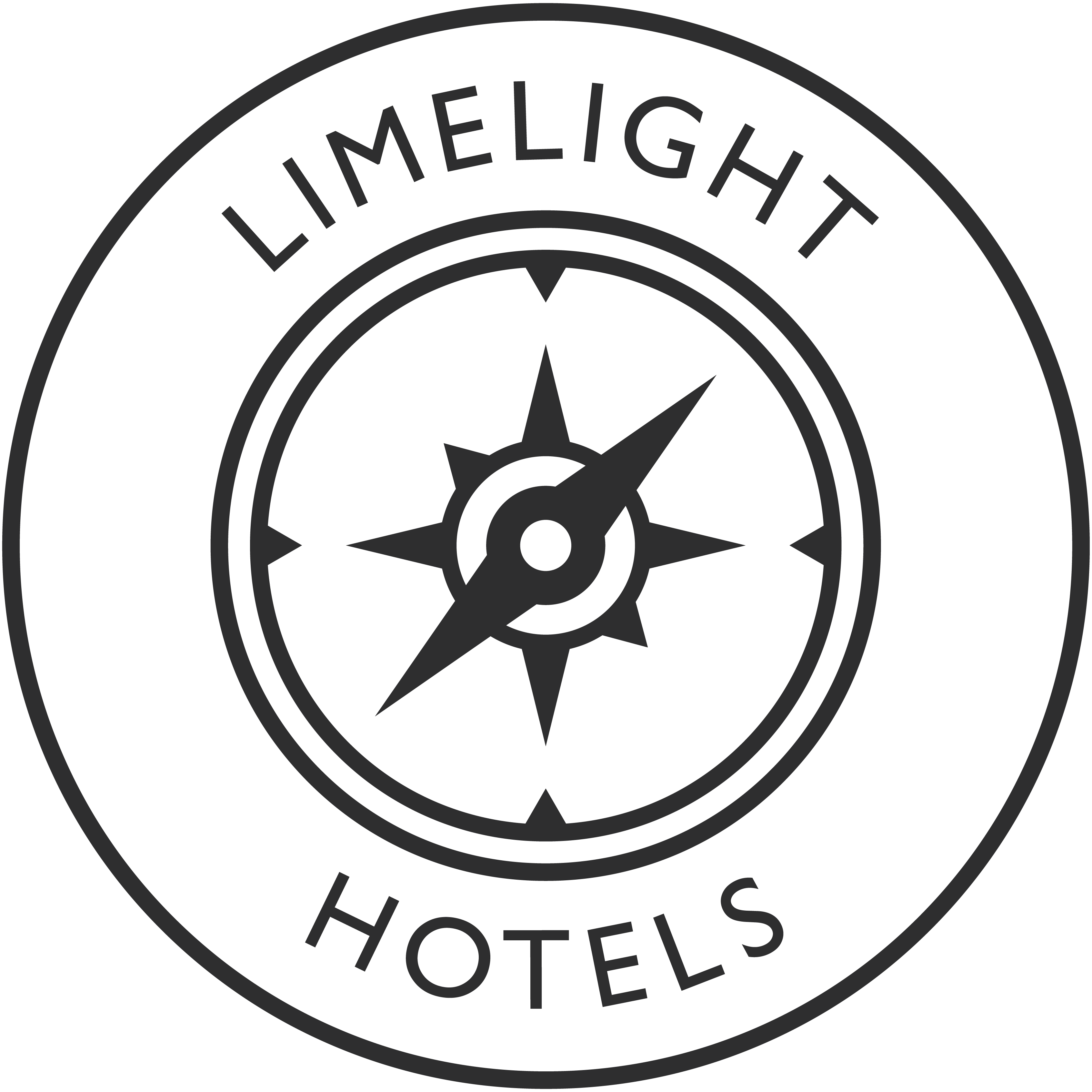 A black compass design with text reading "LIMELIGHT HOTELS," set against a green background.